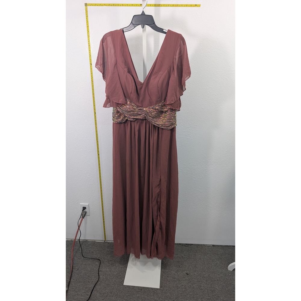 Unithorse Mauve Chiffon V-Neck Maxi Dress Sequin Waist Flutter Sleeve XL US 14